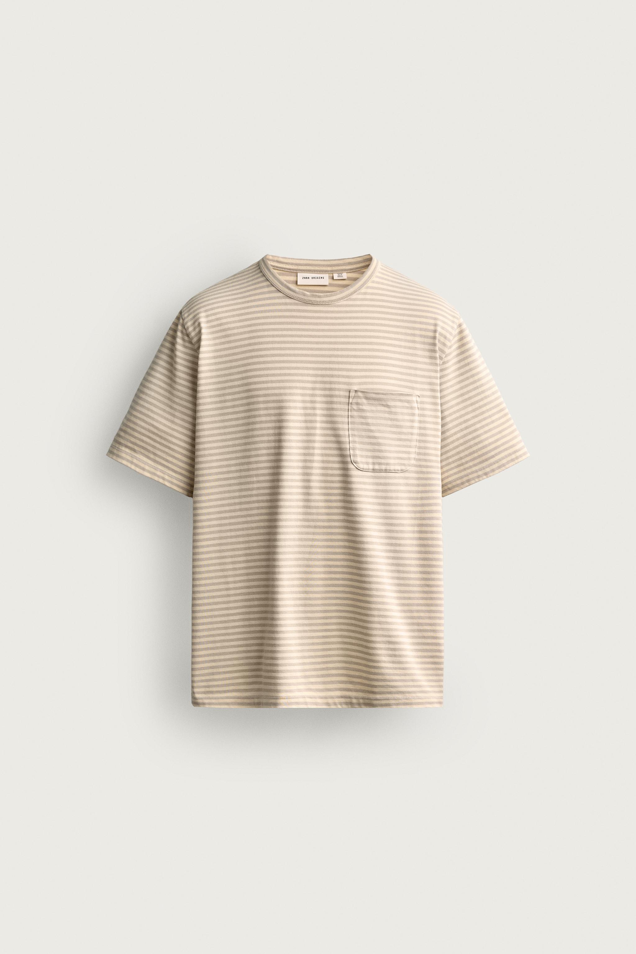 STRIPED JACQUARD POCKET T-SHIRT — Gray / Natural