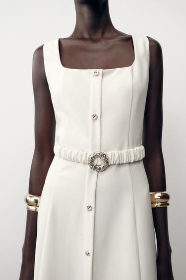 Zara MIDI BELTED DRESS - Ecru