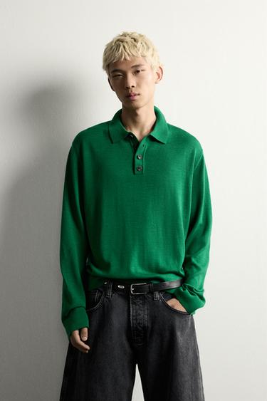 Zara WOOL KNIT POLO SHIRT - Green