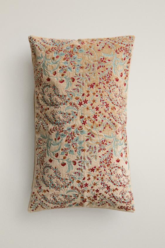 FLORAL EMBROIDERED VELVET CUSHION COVER - Beige by Zara - Image 0