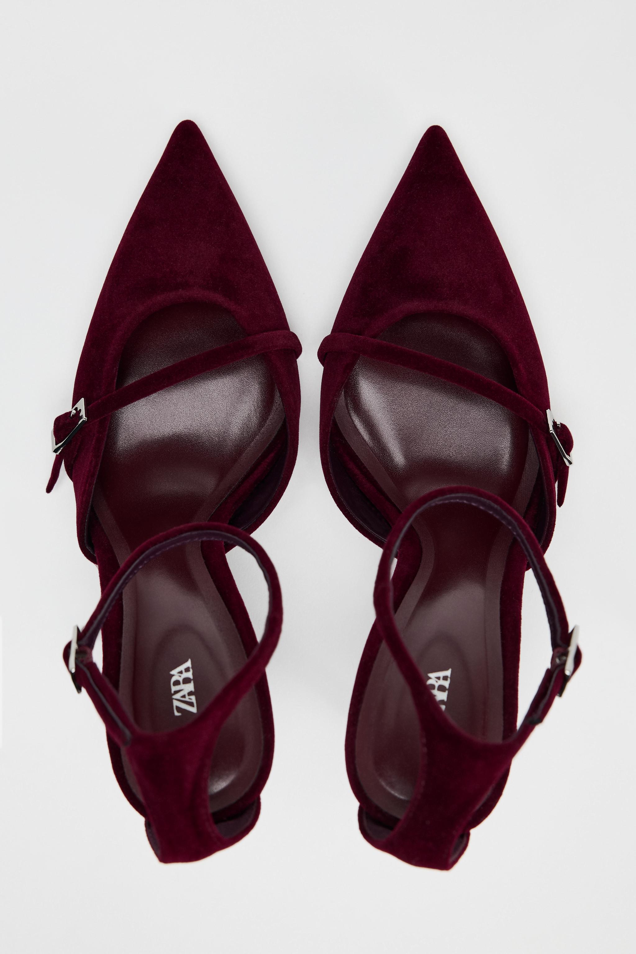 【ZARA】ベルベット風スティレットヒールシューズ 1218/510 ZARA : Burgundy Velvet Effect Thin Heeled Shoes : 1218/510