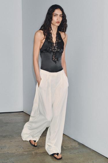 PANTALON LARGE À RAYURES ZW COLLECTION - Jaune pastel de Zara - Image 3