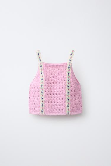 KNIT TOP WITH FLORAL EMBROIDERY - Pink by Zara
