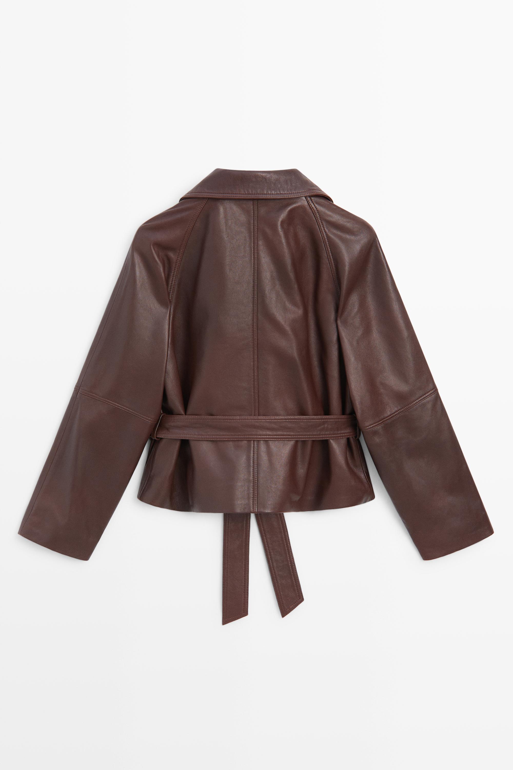 Blouson court à ceinture en cuir nappa