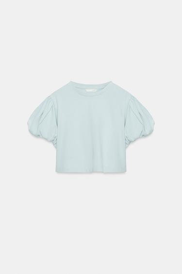 T-SHIRT COURT À MANCHES AMPLES - Bleu clair de Zara - Image 3