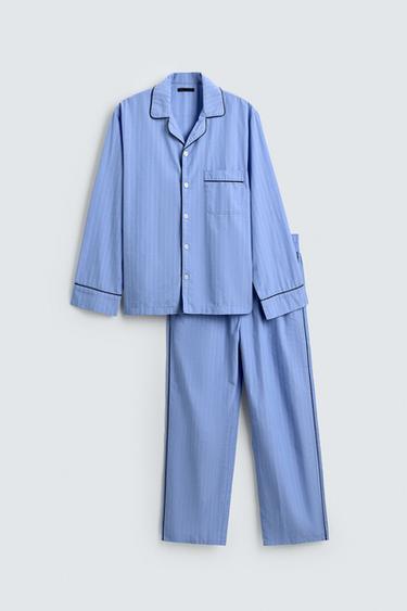 CONJUNTO DE PIJAMA COM ESTRUTURA E DEBRUM EM CONTRASTE - Azul da Zara