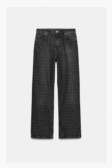 Zara Z1975 HIGH WAIST LOOSE STRAIGHT JEANS WITH BEADS - Black