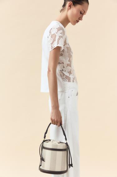 STRIPED CANVAS BUCKET BAG - Light beige by Zara