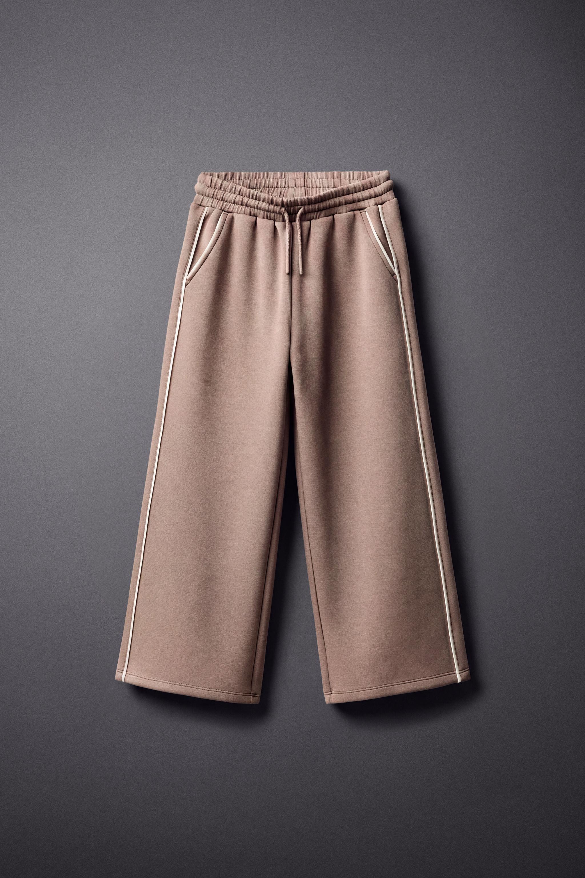 CONTRAST SPORTY WIDE-LEG PANTS — Brown / Taupe