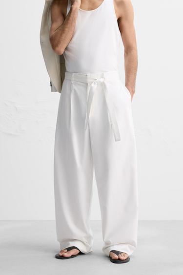 LYOCELL - COTTON TROUSERS WITH BELT - White by Zara - Image 1