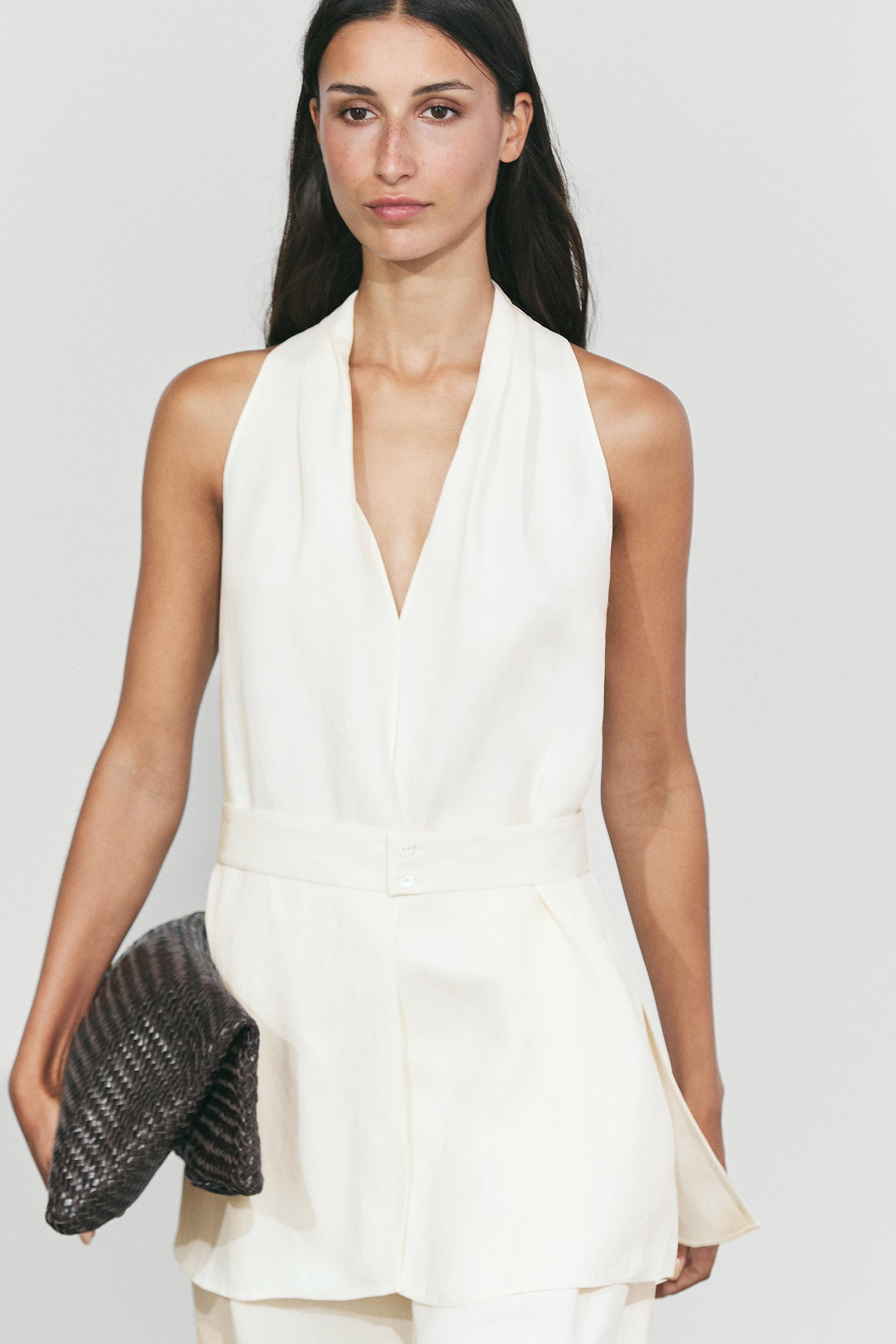Flowing linen blend vest with belt detail