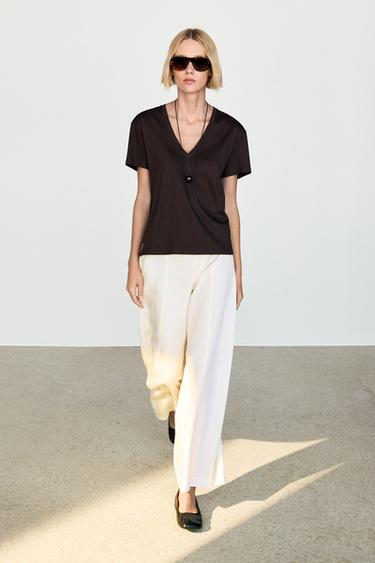Zara Flowing V-neck T-shirt - Brown - Image 0
