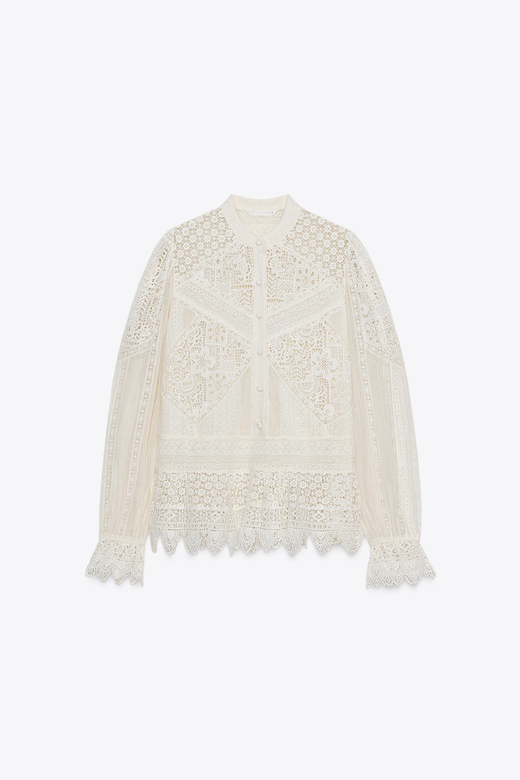 EMBROIDERED LACE BLOUSE ZW COLLECTION - Oyster-white | ZARA