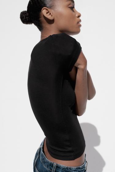 Zara 人造絲短袖T恤 - 黑色