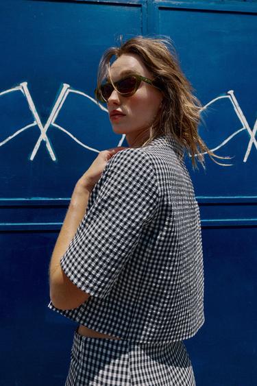 SHORT GINGHAM BLAZER - Navy / White by Zara - Image 3