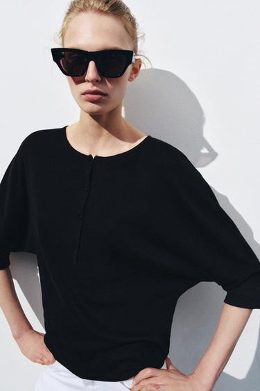 Zara COTTON HENLEY SHIRT - Black