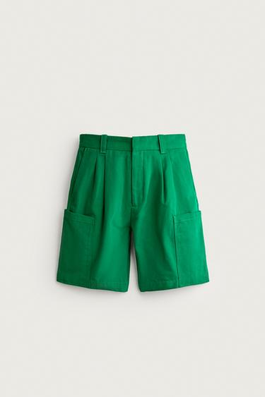 Zara 休閒版工裝打褶短褲 - 綠色