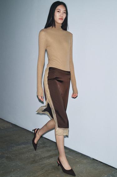 ЮБКА МИДИ С КРУЖЕВОМ — ZW COLLECTION — КОРИЧНЕВЫЙ от Zara