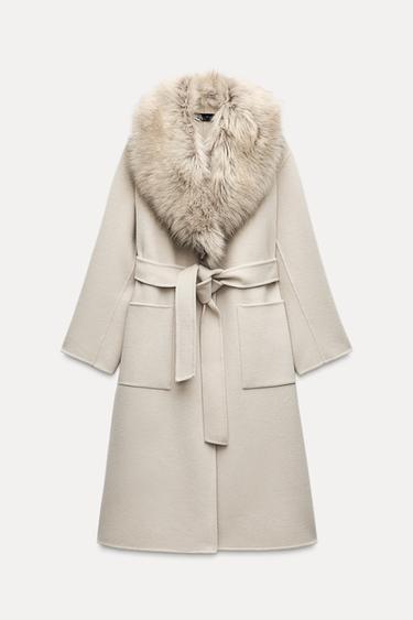 KABÁT Z VLNĚNÉ SMĚSI S UMĚLOU KOŽEŠINOU ZW COLLECTION - Béžová od Zara