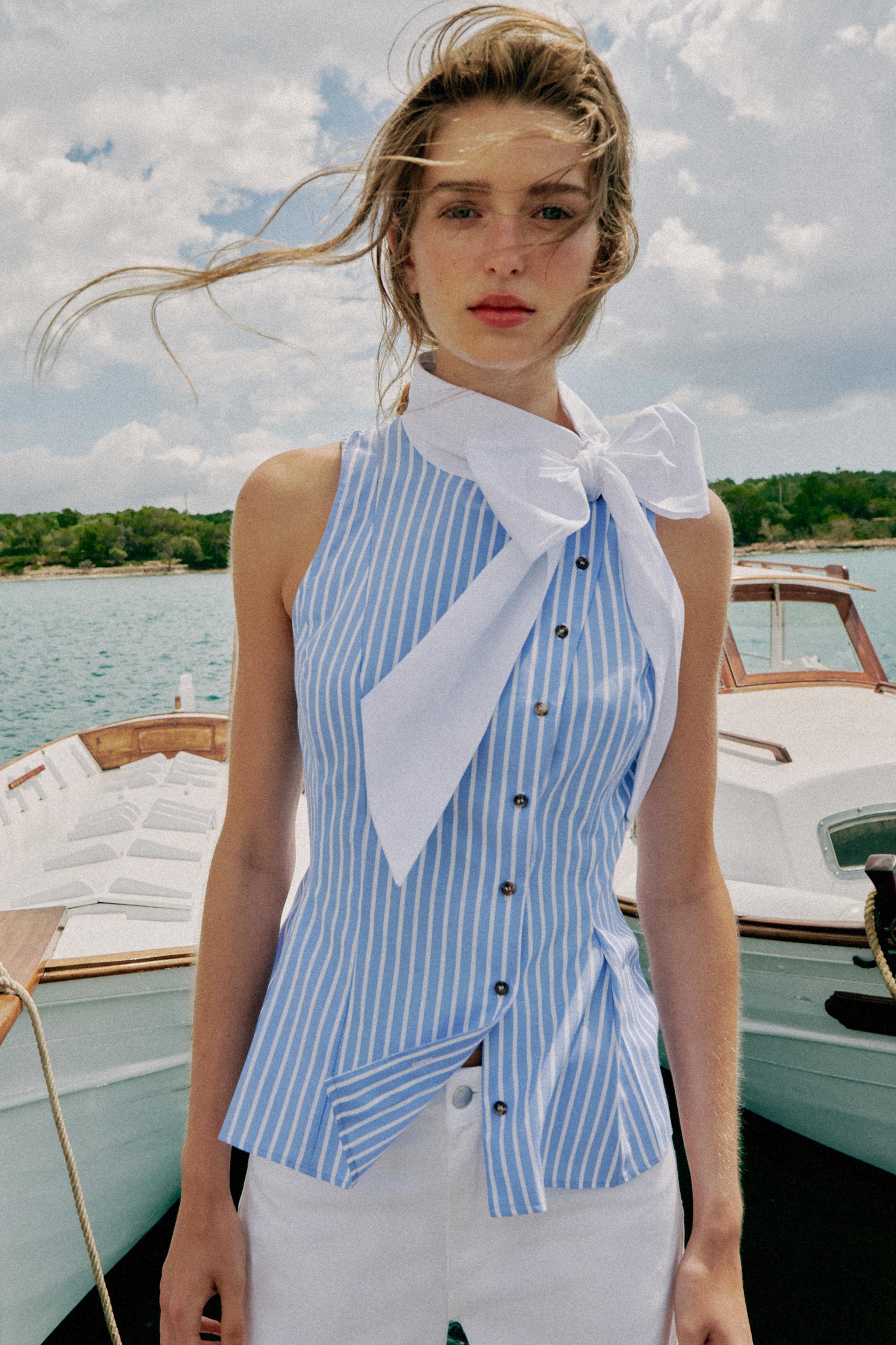 Женские рубашки Zara STRIPED SHIRT WITH BOW AND SLEEVELESS