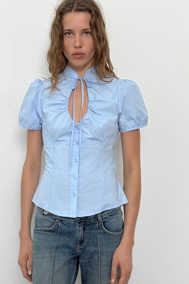 POPLIN TOP WITH TIE DETAIL - Light blue by Zara