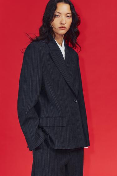 ZW COLLECTION STRIPED STRAIGHT BLAZER — Grey 1