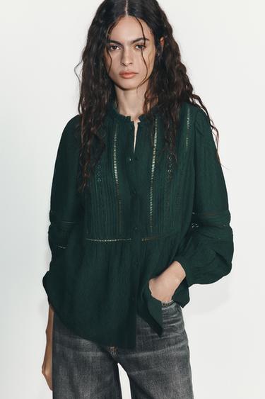 Zara ROMANTIC LACE DETAIL SHIRT - Green