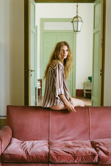 STRIPED SHIRT WITH PUFF HEM - Brown / Ecru by Zara