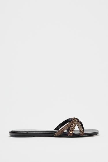 Zara FLAT SANDALS WITH EYELETS - Brown