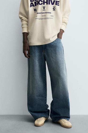 WIDE-LEG PLEATED JEANS - Mid-blue by Zara