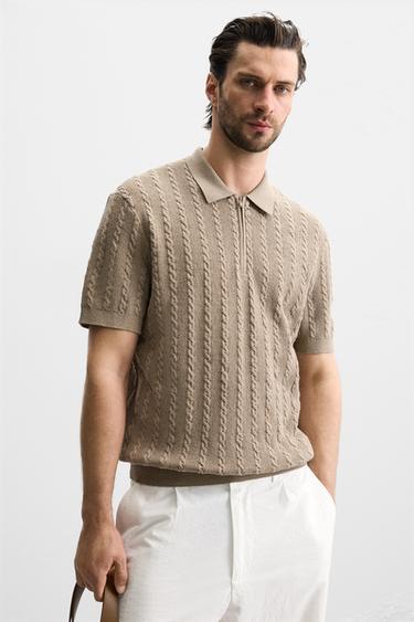 CABLE KNIT POLO SHIRT - camel by Zara