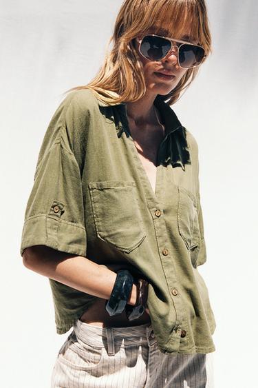 Zara LINEN BLEND CROPPED SHIRT - Light khaki