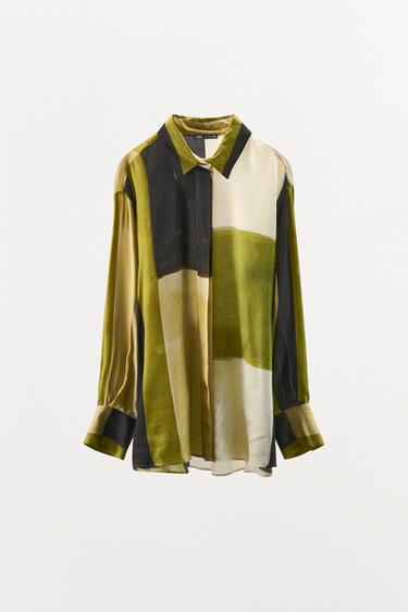 Zara PRINTED SATIN EFFECT SHIRT - Green