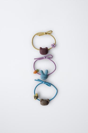 THREE-PACK OF ANIMAL HAIR TIES - Brown-Blue by Zara