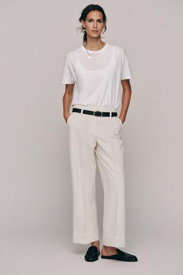 PANTALÓN CINTURÓN BAJO VUELTA - Blanco de Zara