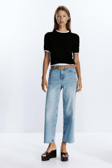 Zara Z1975 HIGH-WAISTED BELTED CULOTTE JEANS - Light blue