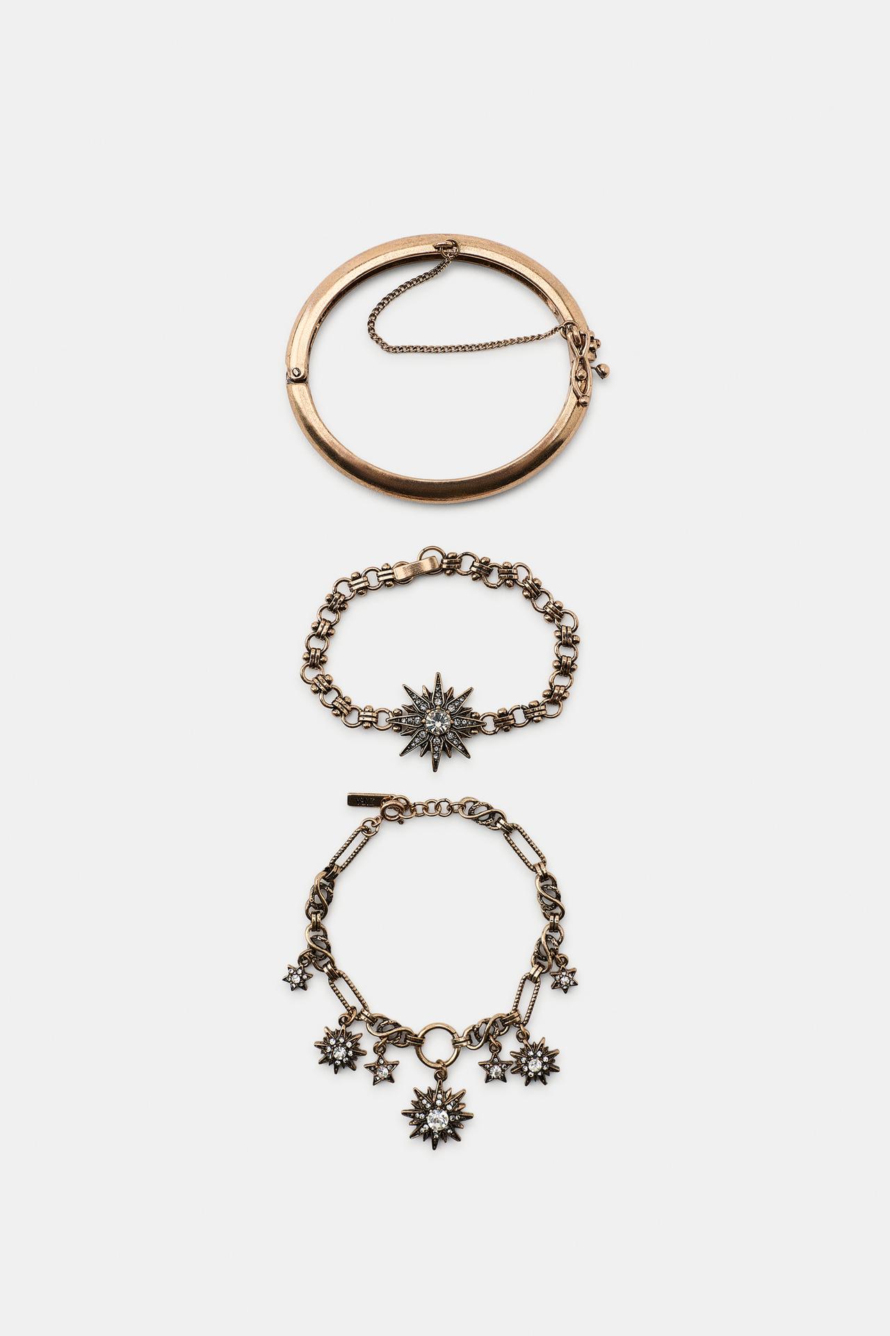 3-PACK OF METALLIC STAR CHARM BRACELETS — Aged gold