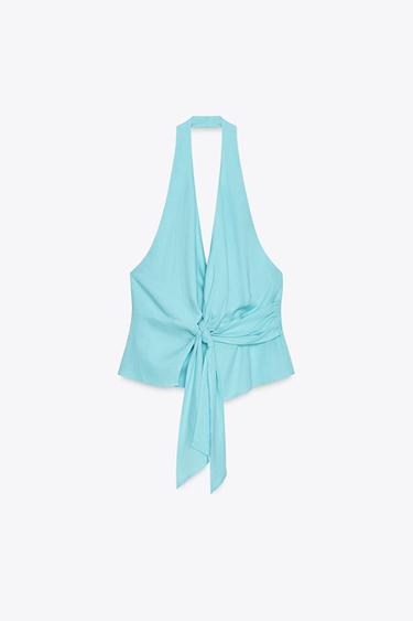 Zara LINEN KNOTTED HALTER TOP - Turquoise