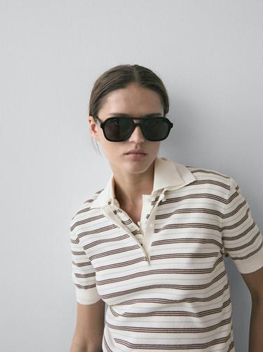 Polo rayé manches courtes - Écru de Zara