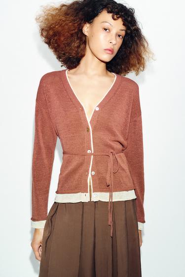 CONTRAST KNIT JACKET WITH BELT - MARSALA by Zara