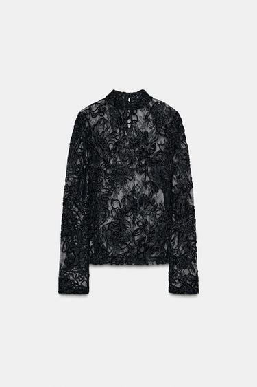 LONG SLEEVE LACE TOP - Black by Zara
