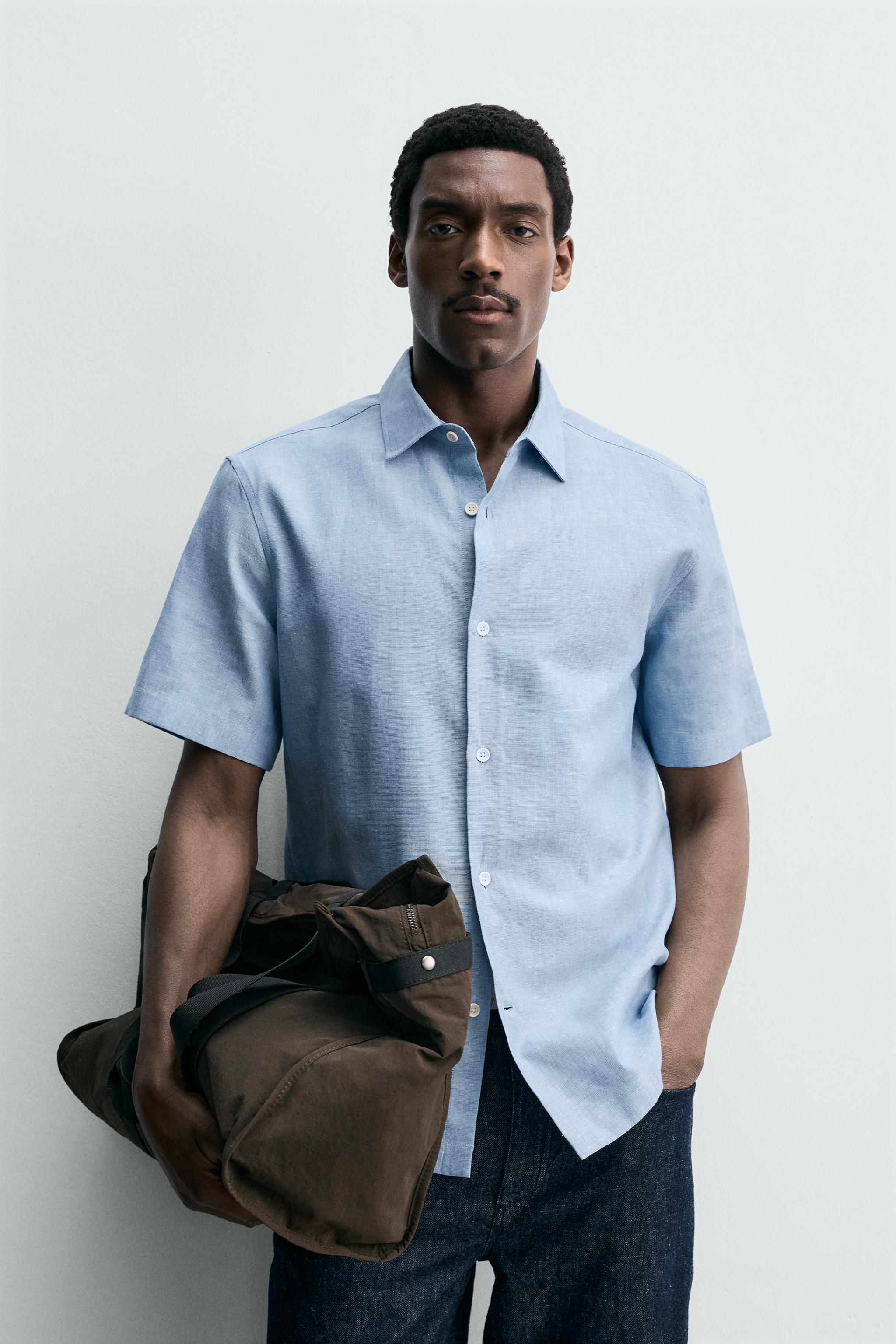 TEXTURED LINEN COTTON BLEND SHIRT — Faded sky blue (alternate view)