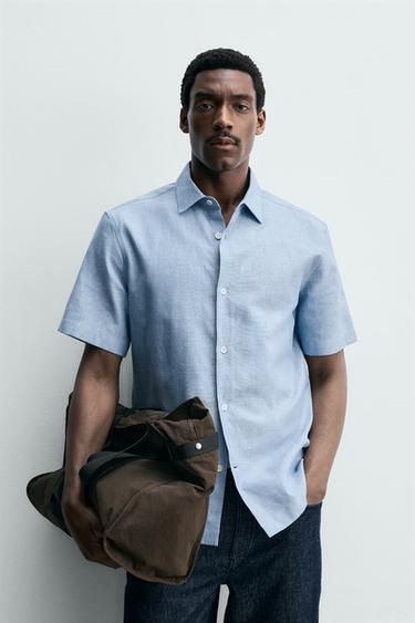 Zara TEXTURED LINEN - COTTON SHIRT - Faded sky blue