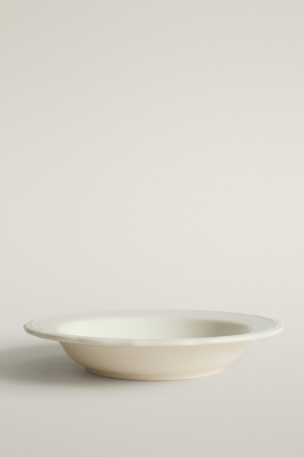 EARTHENWARE SOUP PLATE WITH RAISED-DESIGN EDGE — Ecru