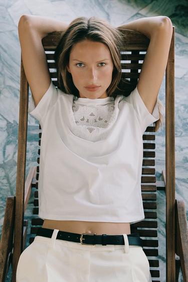 Zara COTTON EMBROIDERED T-SHIRT - White