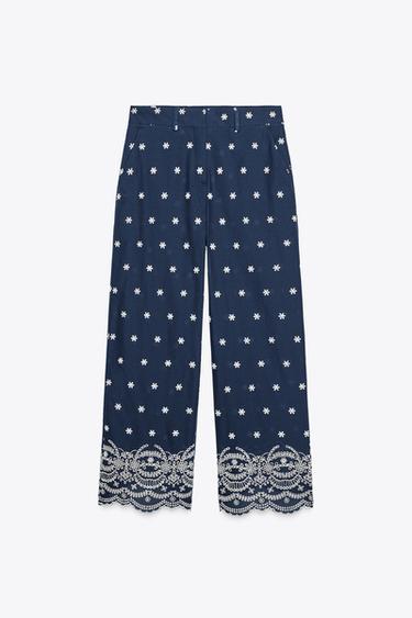 EMBROIDERED CULOTTE TROUSERS - Blue/White by Zara