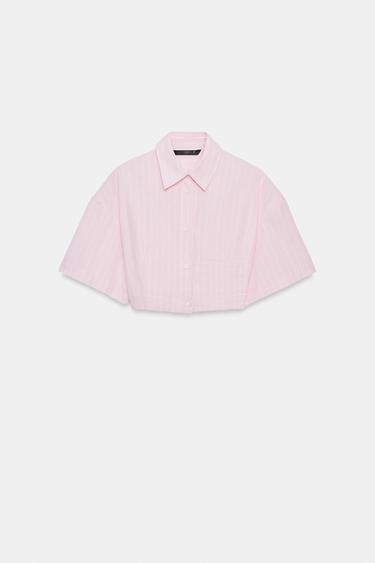 STRIPED POPLIN CROP SHIRT - Pink / White by Zara