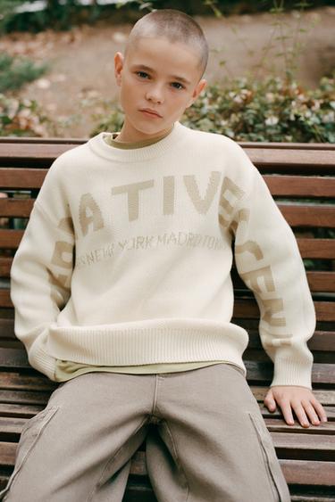 JACQUARD KNIT JUMPER WITH SLOGAN - Ecru / Beige by Zara