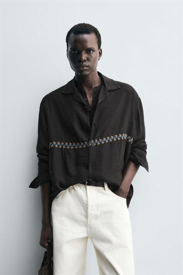 GEOMETRIC EMBROIDERY FLOWING SHIRT - Anthracite grey by Zara