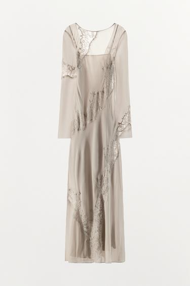 MIDI GEORGETTE DRESS WITH EMBROIDERED LACE - Stone by Zara - Image 4